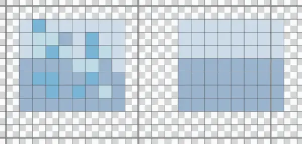 The same area of sky charted twice, once with five shades scattered stitch by stitch and once consolidated into two blocks of colour