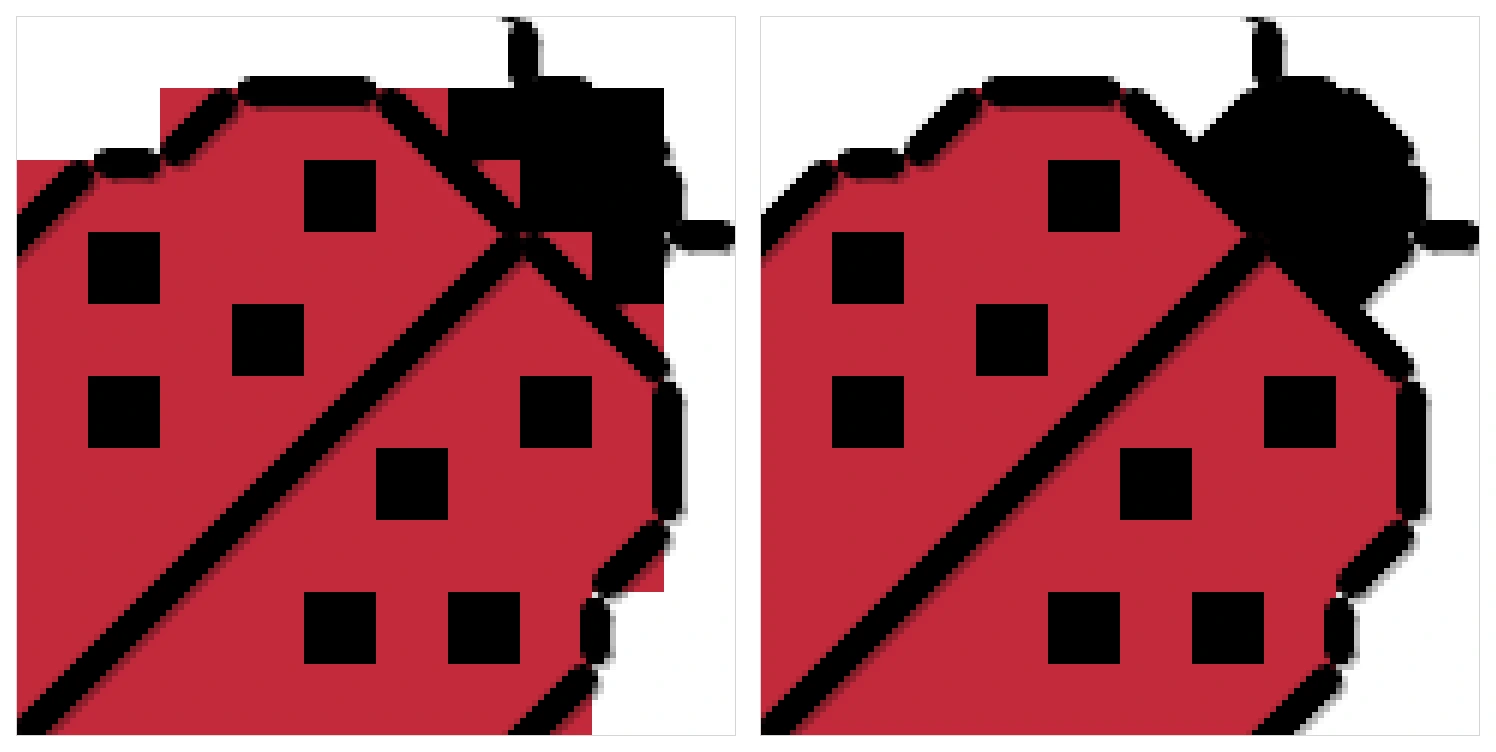 The same curved edge of a chart twice. On the left every split square has been rounded up to a whole one, so colour spills past the outline and the corners are stepped. On the right the part stitches are kept and the same edge runs smooth