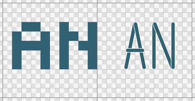 The letters A and N charted twice, once as filled cross stitches and once as backstitch lines along the cell edges