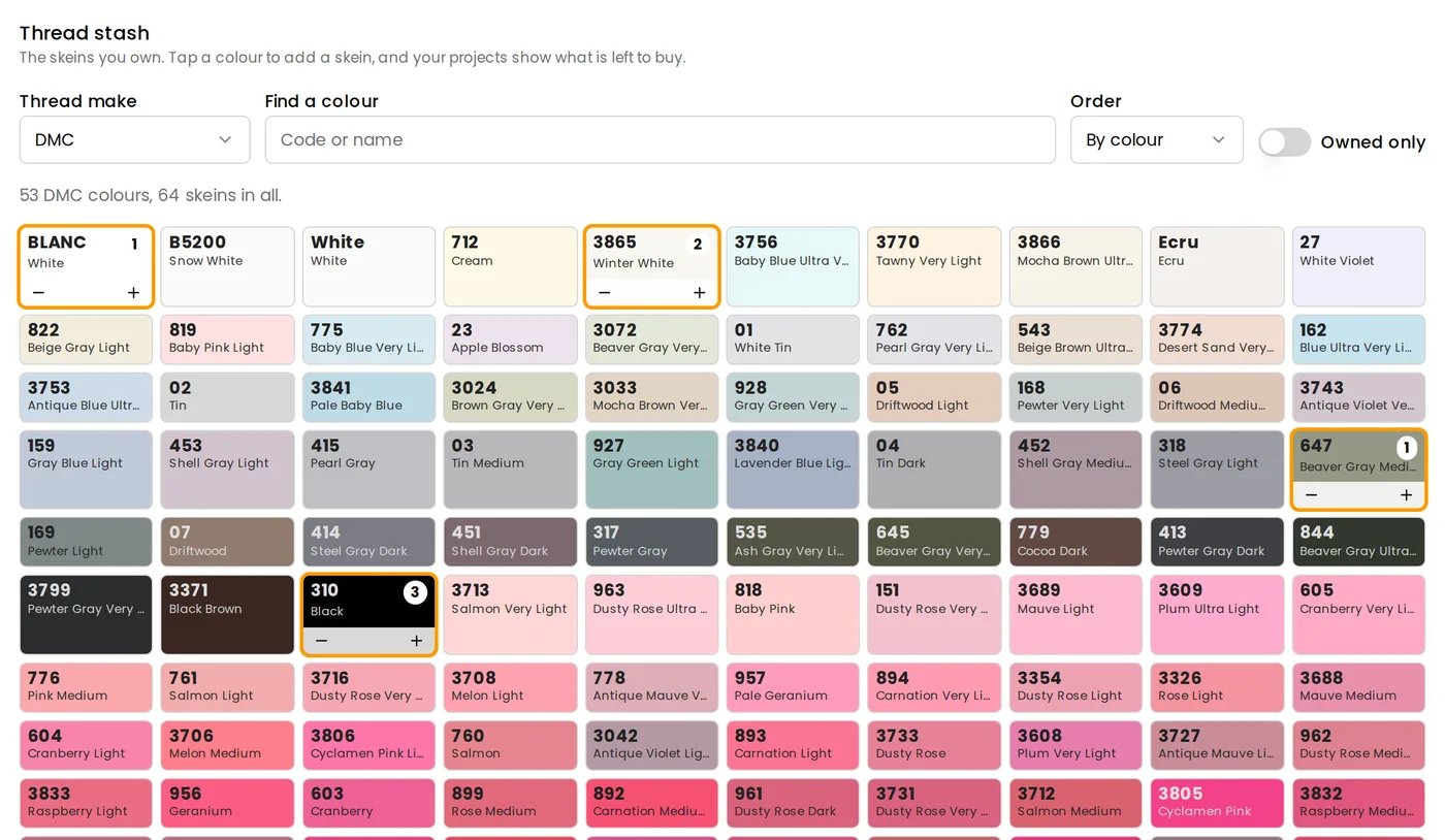 The HobbyTub thread stash page for DMC, showing colour swatches in shade card order with the owned ones outlined and a skein count on each, and a summary of colours and skeins owned