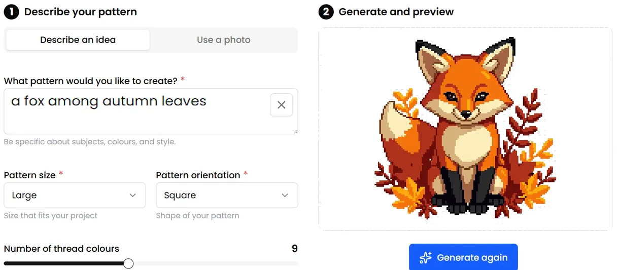 A description typed into the generator, a fox among autumn leaves, and the cross stitch chart it produced