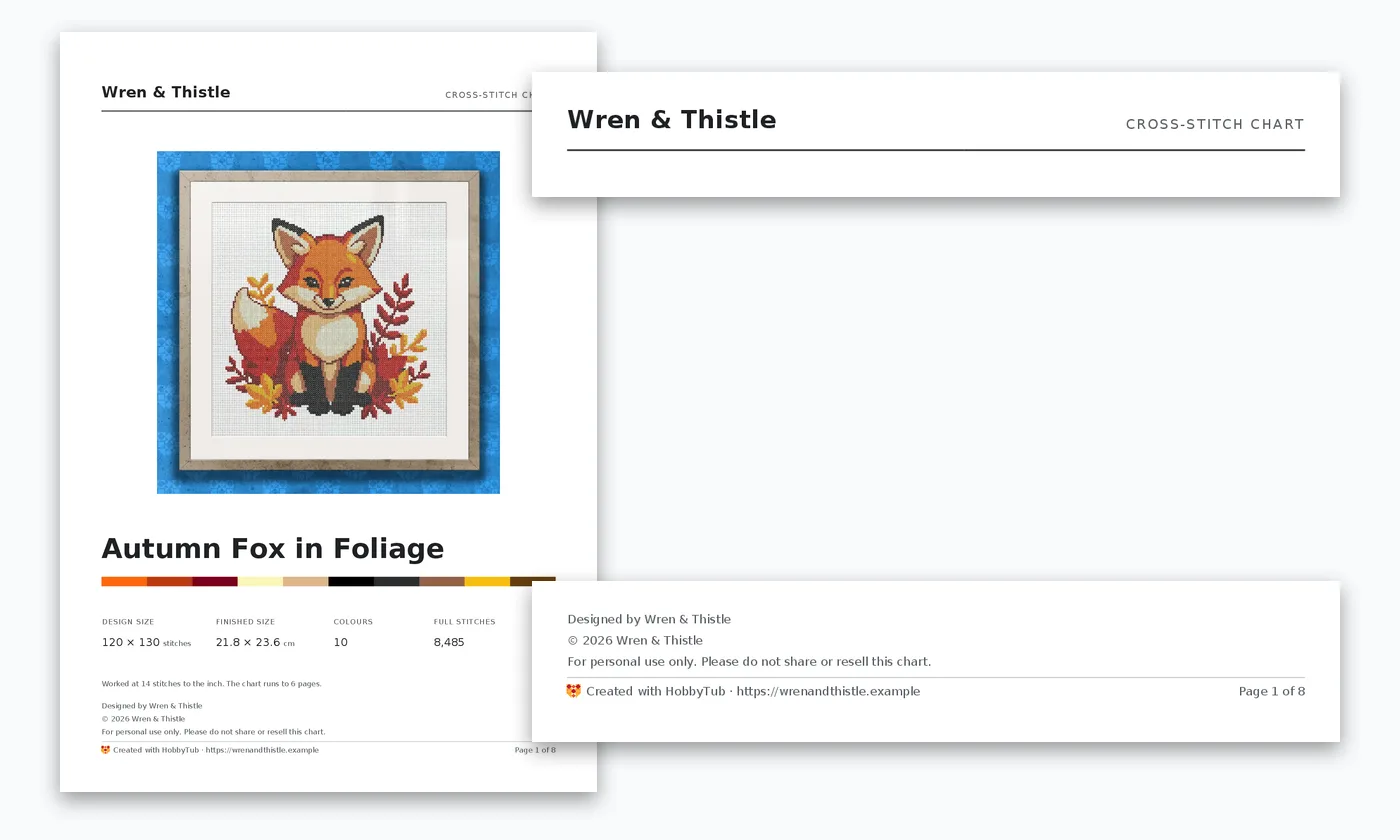 The cover of an exported chart for an autumn fox, with enlargements of its two branded parts: the designer's name across the top, and their credit, copyright notice, usage terms and shop link at the foot