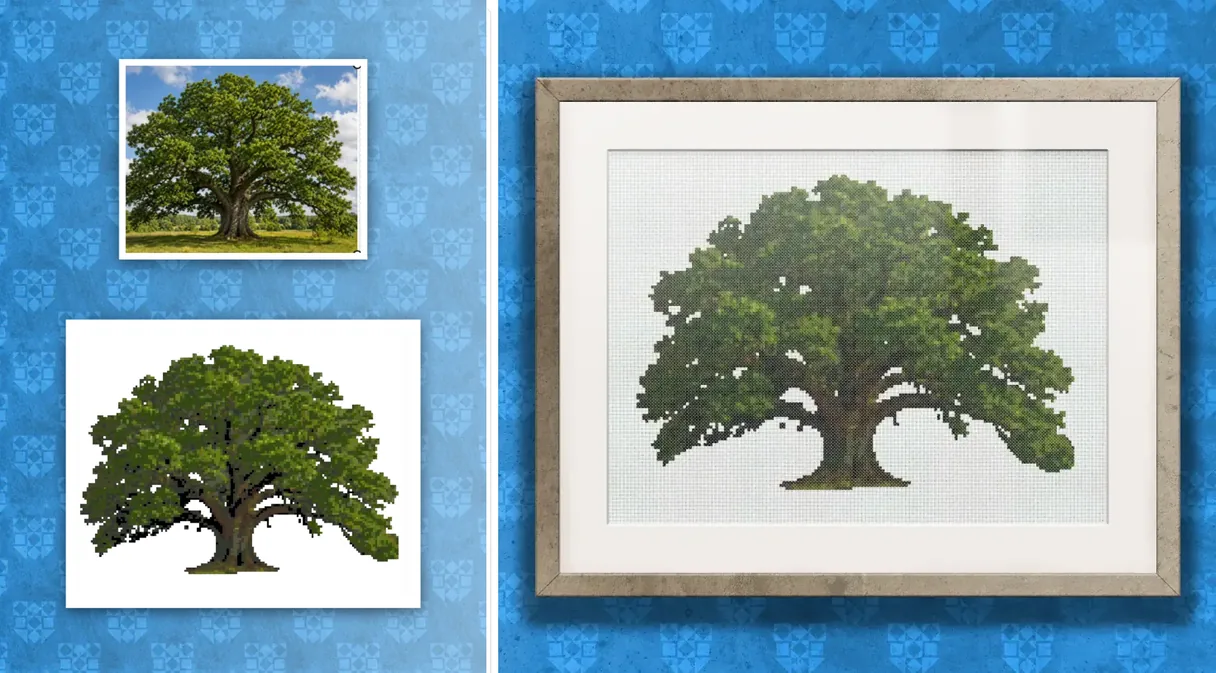 A photograph of an oak tree, the cross stitch chart converted from it, and the finished piece framed on a wall