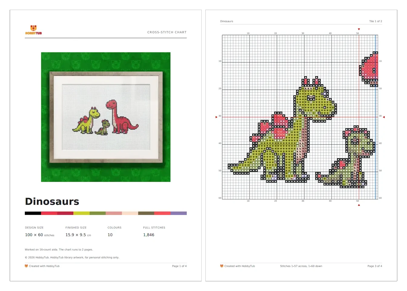 A chart exported as a PDF, with a cover page carrying the finished size and palette, and the design tiled across numbered pages