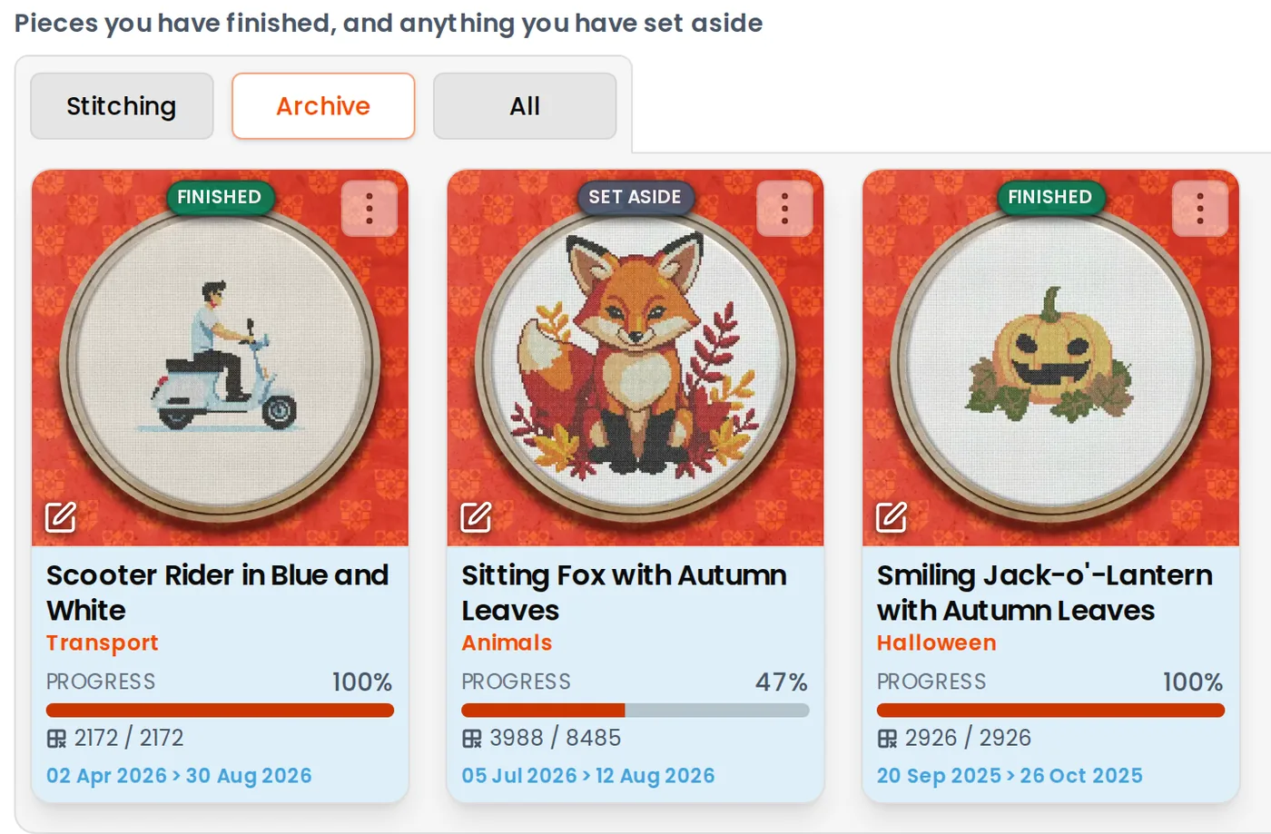 The Archive tab of the projects dashboard, showing a scooter and a Halloween pumpkin finished at 100 per cent and a fox set aside at 47 per cent, each card carrying its own badge