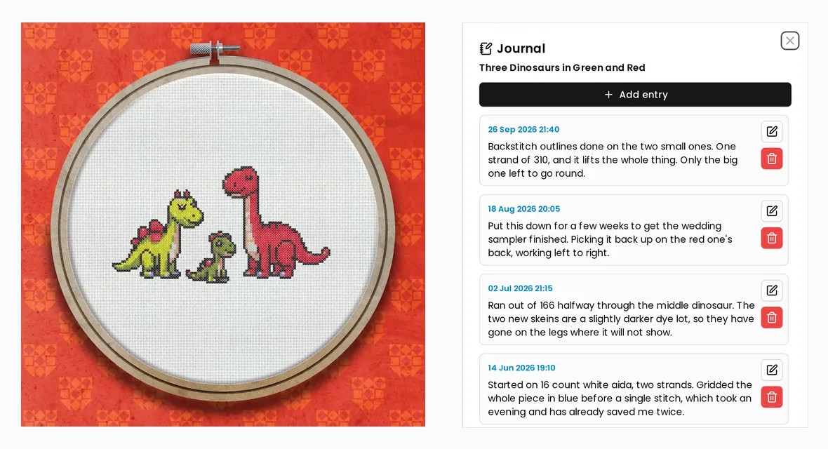 A cross stitch of three dinosaurs in a hoop, beside the project's journal: four dated entries recording the fabric and strands used, a thread that ran out and the dye lot that replaced it, the weeks the piece was put down, and the backstitch being finished