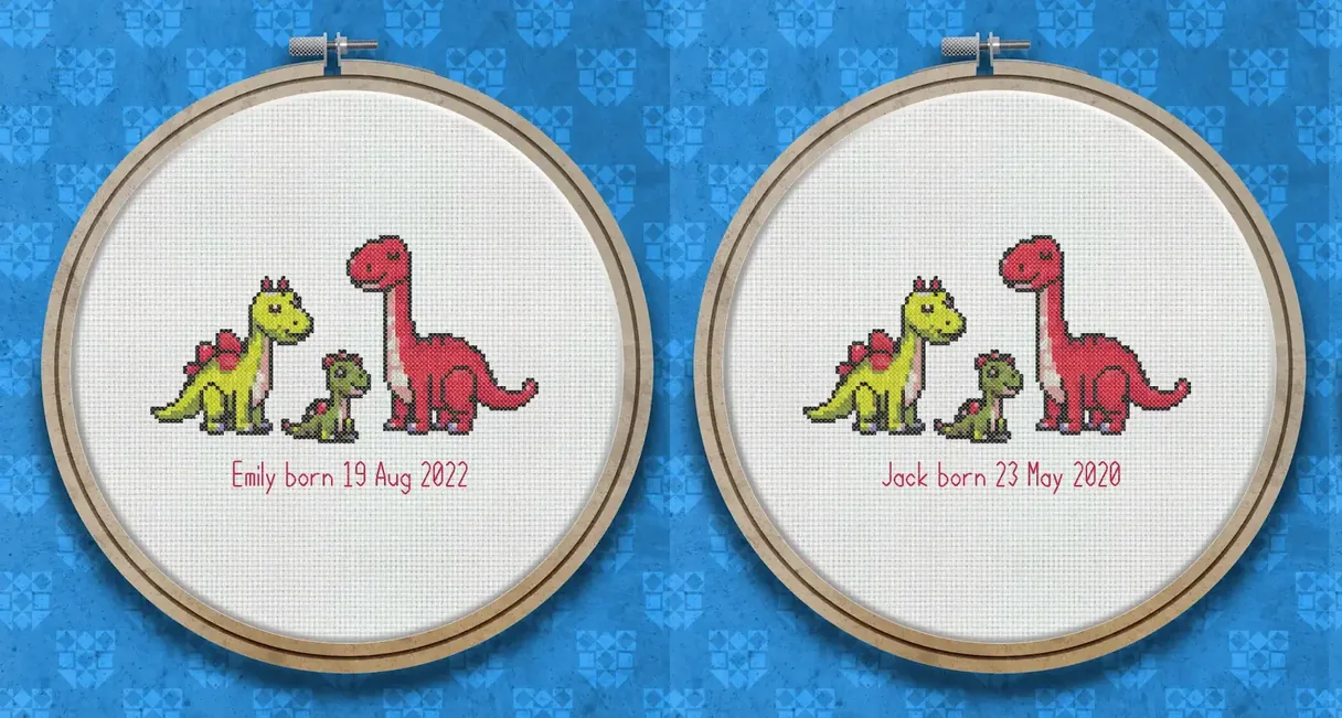 The same baby sampler stitched in two hoops, each carrying a different name and birth date